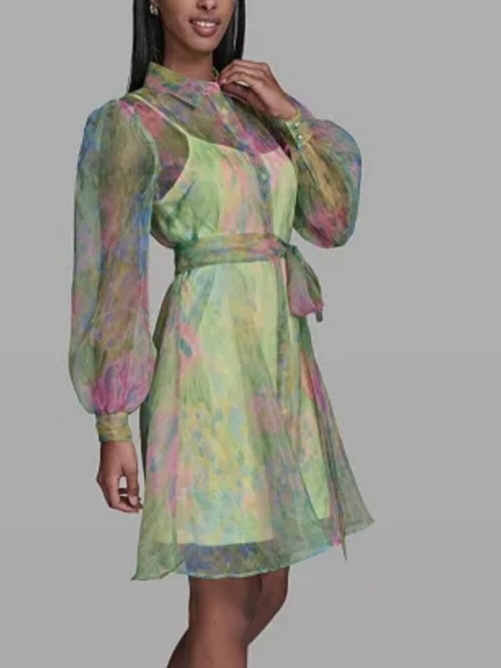 Karl Lagerfeld Pastel Floral Print Sheer Sleeve Dress Nwt